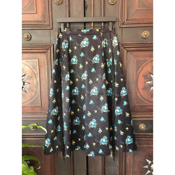 TOGA PULLA FRINGE FLORAL PRINT A-LINE MIDI SKIRT